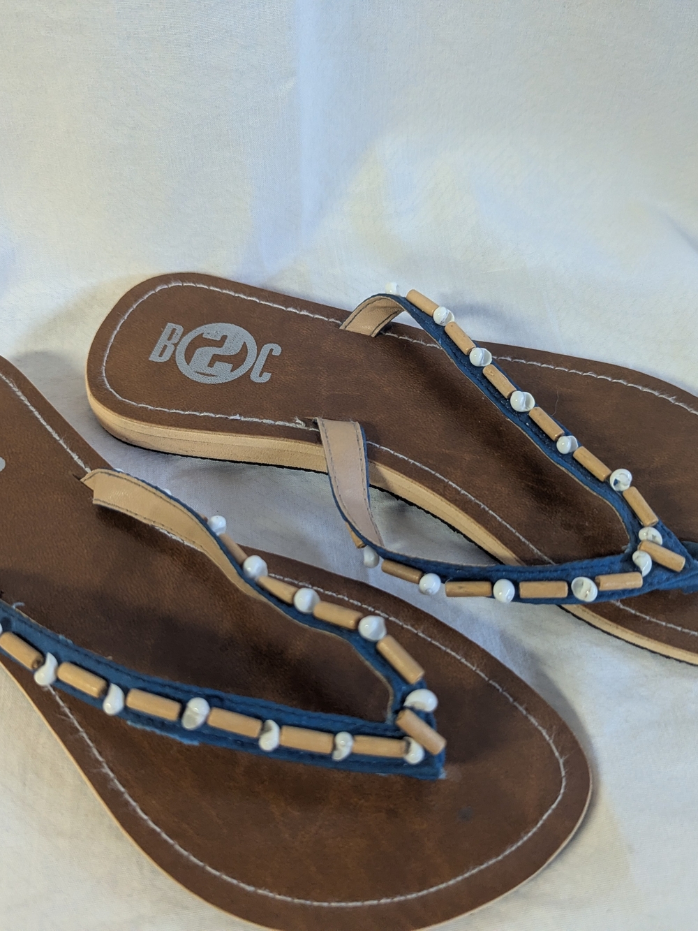 Beaded Navy and Tan Women's Flip Flops